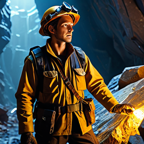 A skilled Lost Ark adventurer, fully clothed in durable, modest mining attire, standing in a natural pose and focused intently on a glowing gold ore vein. The scene is set in a richly detailed, fantastical mining cave, with crystalline formations and subtle ambient light highlighting the special ore node. professional photography, high resolution, perfect anatomy, correct proportions, well-formed hands, proper finger count, natural body proportions, safe for work, appropriate content, fully clothed, professional.
