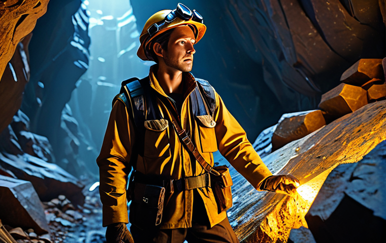 A skilled Lost Ark adventurer, fully clothed in durable, modest mining attire, standing in a natural pose and focused intently on a glowing gold ore vein. The scene is set in a richly detailed, fantastical mining cave, with crystalline formations and subtle ambient light highlighting the special ore node. professional photography, high resolution, perfect anatomy, correct proportions, well-formed hands, proper finger count, natural body proportions, safe for work, appropriate content, fully clothed, professional.
